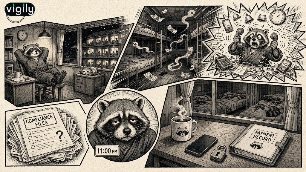 Comic story of a hostel owner: empty beds with money flying away, phones ringing nonstop, compliance paperwork, exhaustion at 11pm, then paid bookings, organized records, and a calm night with every bed filled.